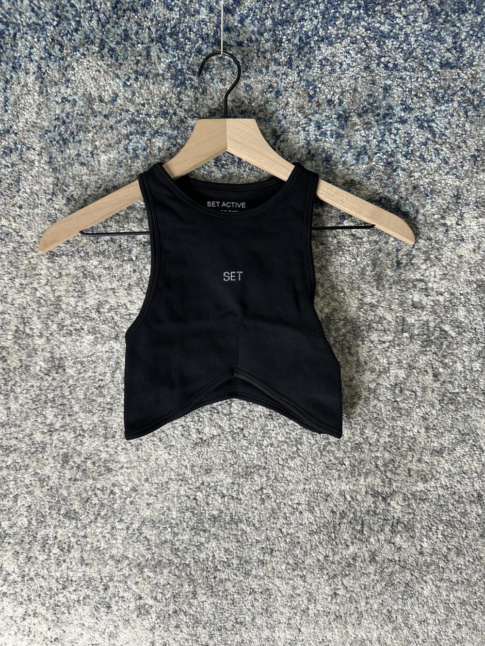 Set Active Crop Tank Top Womens Medium Black Ribbed High Neck Athletic Yoga